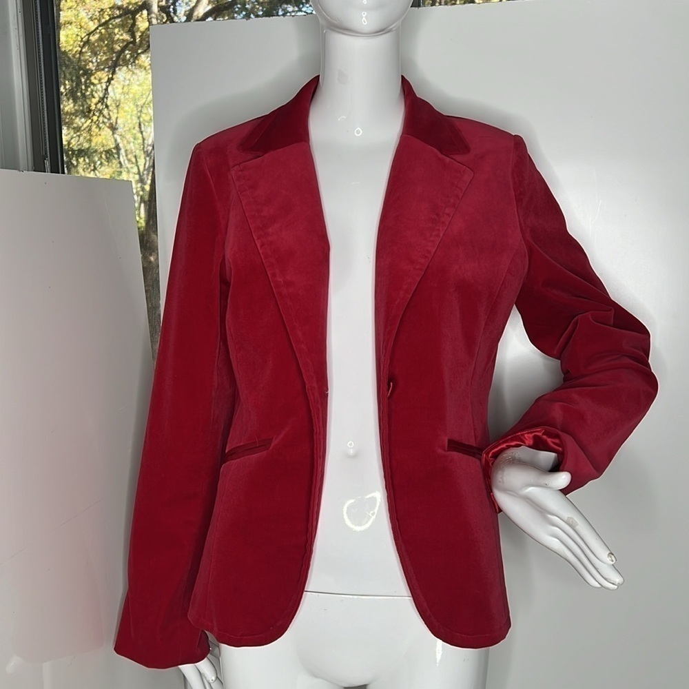 Marshall Field’s Sz 8 Red Velvet Front Single Satin Covered Button Blazer Jacket